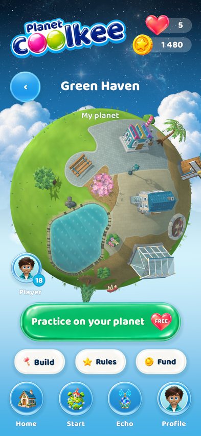A player's own planet with a house, workshop, greenhouse and a lake made from four joined ponds.